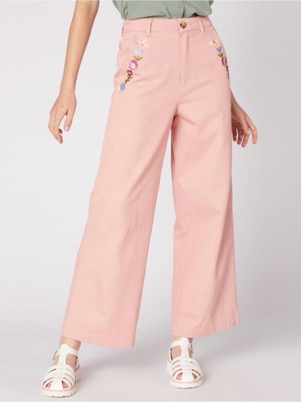 Wide Leg Embroidered Pink Women's Pants